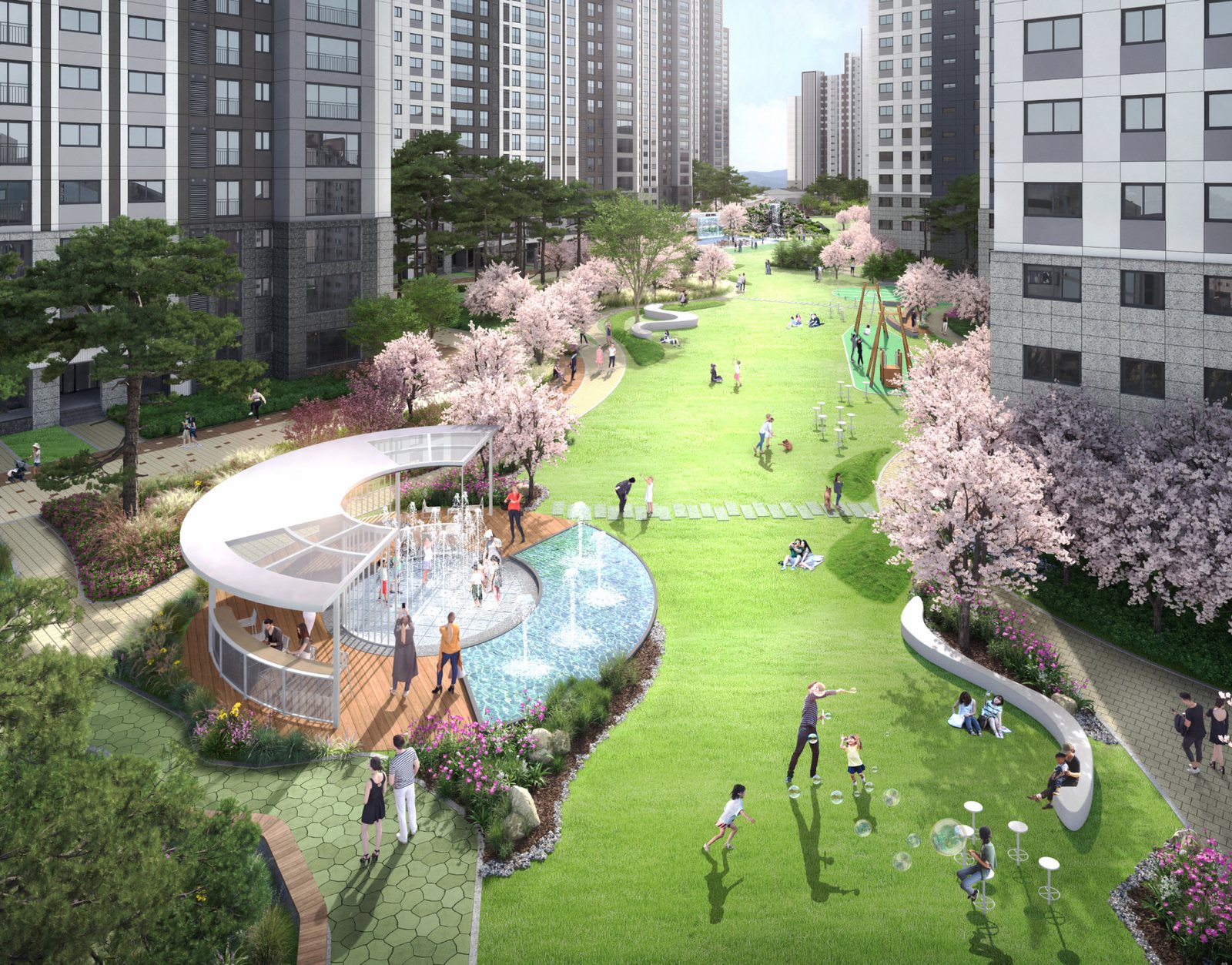 365m 중앙광장 — 잔디광장과 원형 쉼터 (CG)